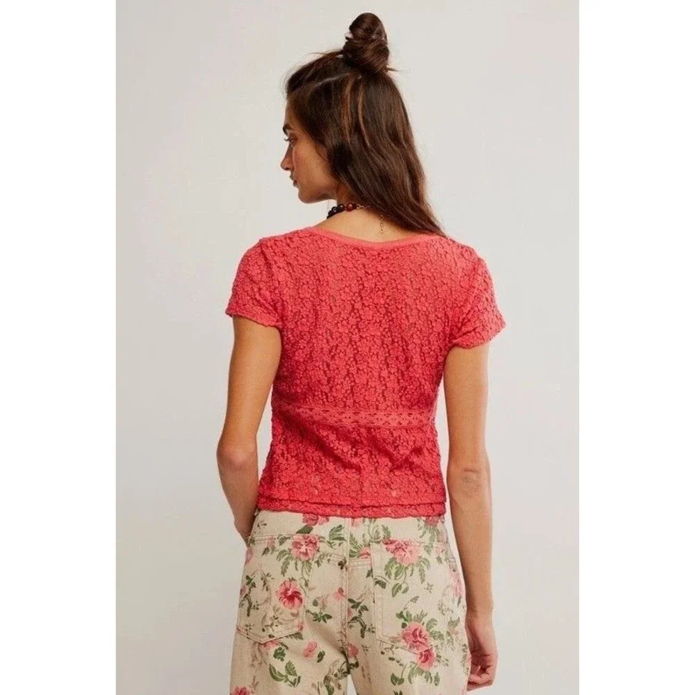 Free People Claro Lace Tee Women's Blouse Top Sheer Short Sleeve Trendy S 289938
